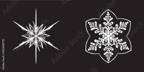 Two stylized white snowflake icons on a black background. One features sharp, needle-like radial points, while the other shows a classic dendritic structure inside a hexagonal border.