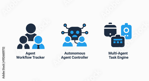 Vector illustrations for agent workflow tracker, autonomous agent controller, and multi-agent task engine, for AI and automation.