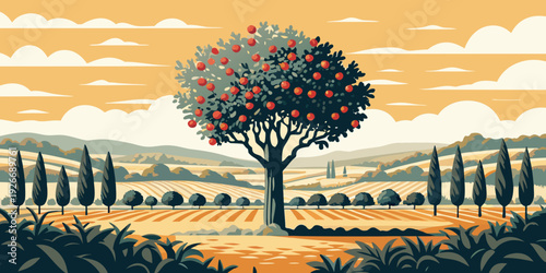 A stylized illustration of an apple tree in a rolling countryside landscape