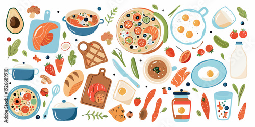 Colorful illustration showcasing a variety of healthy food items and ingredients