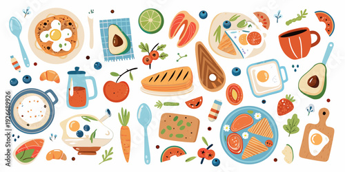 Colorful illustration featuring healthy breakfast and brunch food items