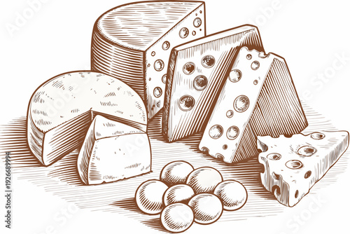 Sketch of various cheeses including swiss with grapes and wedges