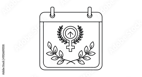 Line drawing of a calendar with a female symbol and laurel wreath on a white background.