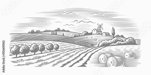 Engraved landscape featuring rolling hills farm buildings and hay bales
