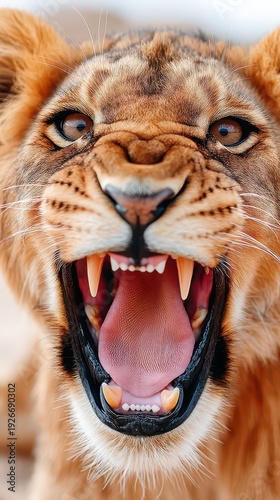 A lion is shown with its mouth wide open, showing its teeth. The lion is looking directly at the camera, and its expression is fierce and intense. Concept of danger and power, as the lion's roar