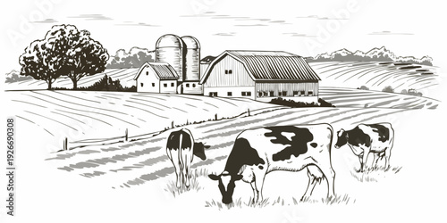 A picturesque countryside scene featuring a farm silos and grazing cows