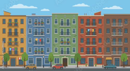 Row of colorful residential apartment buildings on a city street with parked cars and green trees, a flat design vector illustration of an urban neighborhood scene