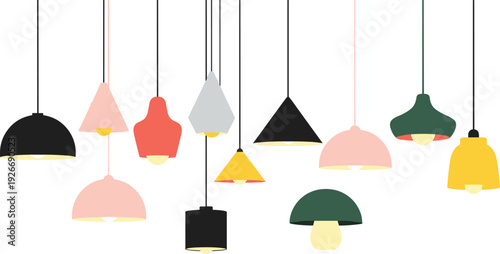 Modern Pendant Light Fixture Collection with Mid Century Scandinavian Style Colorful Hanging Lamps for Interior Design Home Decor and Architectural Furniture Lighting Illustrations
