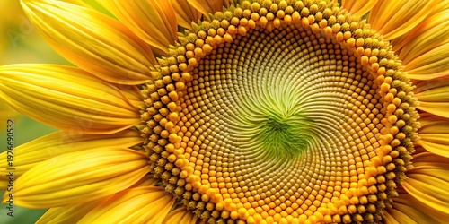 Close-up of sunflower florets arranged in a natural spiral Fibonacci sequence