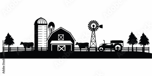 Black silhouette of a classic farm scene with buildings and livestock