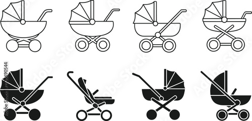 Baby stroller icon set, pram silhouette collection for infants, newborn carriage symbols, maternity and parenting vector, childcare equipment, nursery, family.