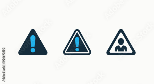 Modern Blue and Dark Warning Alert Icons with Exclamation Mark and User Security Hazard Symbols for Digital Safety and Important Notifications
