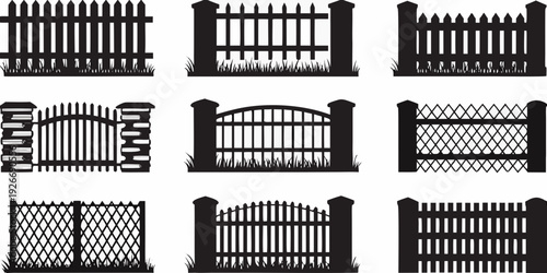 Collection of black silhouette garden gates and picket fencing designs