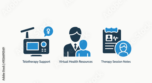 Teletherapy and Virtual Health Icons: Online Support, Digital Resources, and Session Notes for Mental Wellness and Patient Care