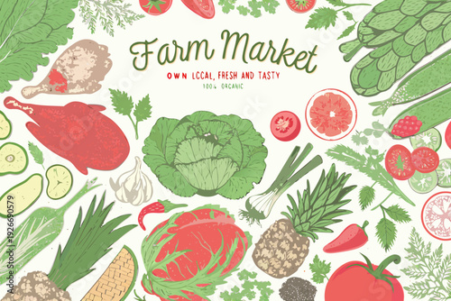 A colorful illustration of fresh produce and meats at a farm market