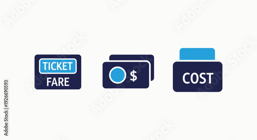 Financial Management Icons: Ticket Fare, Money Payment, and Cost Calculation for Budgeting and Business Expenses