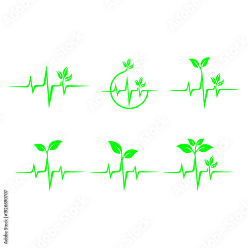 Green Leaf with ECG Heartbeat Line Silhouette - Ecology and Nature Lifeline Concept