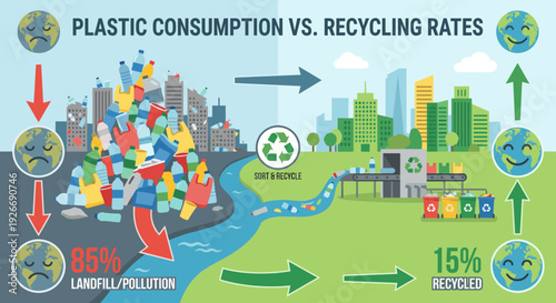 Informative infographic vector illustration showing plastic consumption versus recycling rates with a polluted city and a clean, green city representing the environmental impact