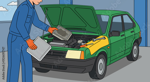 Car mechanic holding a new and old air filter next to a green vehicle with an open hood in an auto repair shop during a routine maintenance service