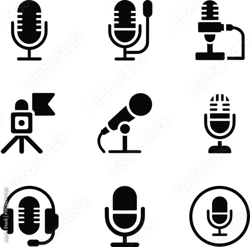 A versatile and extensive collection of black silhouette microphone icons, showcasing essential tools for audio recording, broadcasting, podcasting, live streaming, voice messaging, and various 