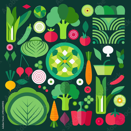 A colorful flat design illustration featuring a variety of fresh vegetables