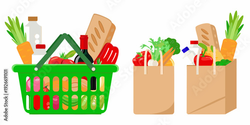 Colorful illustration of grocery shopping with bags full of fresh produce