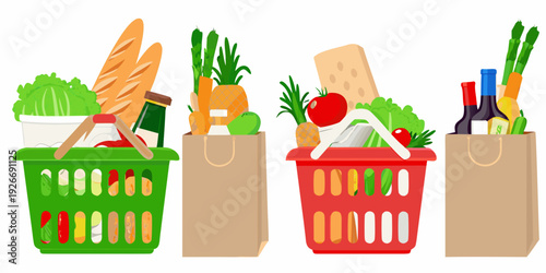 Colorful illustration of grocery shopping bags filled with fresh food items