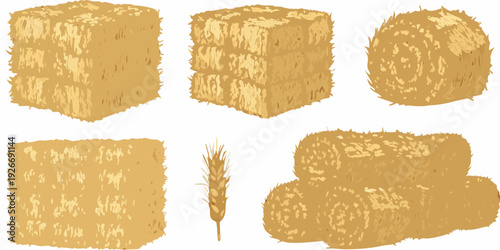 Assorted hay bales and wheat stalks arranged on a white background
