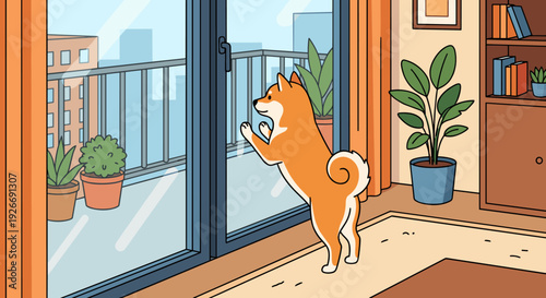 Cute orange Shiba Inu dog standing on its hind legs looks out a glass door to a city balcony from a cozy, modern apartment living room with plants