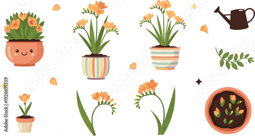 Potted flower houseplant vector set with blooming indoor plants watering can and leaves for home gardening and spring decor design.