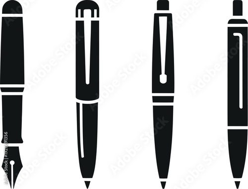 Four distinct black silhouette icons depicting various writing instruments, including a classic fountain pen, an elegant capped rollerball, and two modern ballpoint pens, essential for creative 