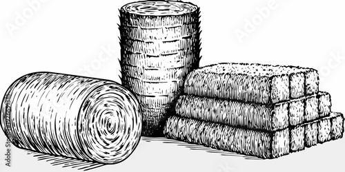 Vintage illustration of stacked hay bales and a cylindrical roll