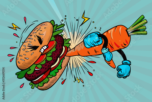 Cartoon hamburger and carrot engage in a comical boxing match with action lines