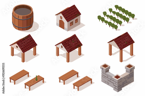 Isometric vineyard elements including a barrel building and grapevines