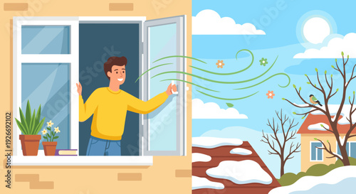 Smiling young man in a yellow sweater opens a window to let in fresh spring air, symbolizing the end of winter and a new beginning with a sunny landscape