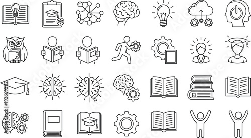 Music Education Line Icon Set, Musical Instruments, Piano Guitar Saxophone, Audio Equipment, Graduation Cap, Music Notes, Classical Jazz Performance, Stage,