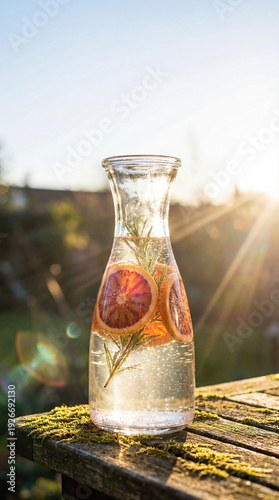 Glass carafe with sparkling citrus infused detox water, blood orange slices and rosemary on rustic table at sunset, fresh summer drink concept.