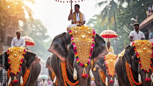 Festive parade of elephants decorated with neem flowers through the streets of an Indian city. Hinduism holiday and travel concept. For Ugadi, Gudi Padwa Hindu New Year celebration. Lifestyle