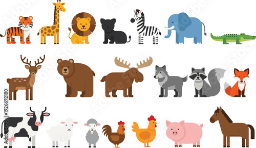 Sticker Cute animal collection illustration with farm wild zoo animals cartoon flat desi