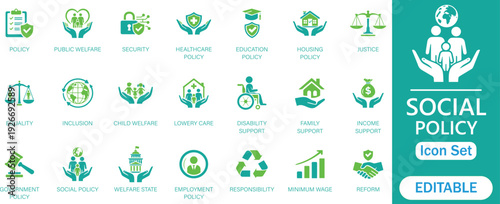 social policy solid icon set. Symbols for healthcare policy, equality, justice, disability support, and social insurance in modern flat icons style. 
