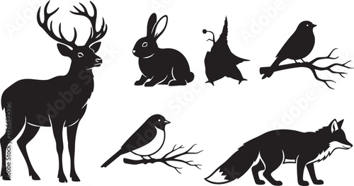 A black vector illustration of a wild deer silhouette featuring majestic antlers and a stag head design for nature and wildlife icons