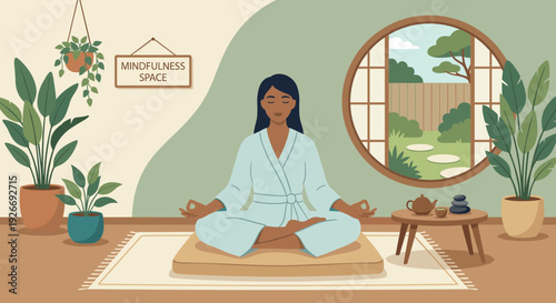 Serene woman with closed eyes meditating in the lotus position in a tranquil room with houseplants, a zen garden view, and a tea set