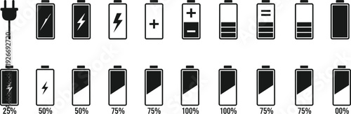 Battery status icon set, power level indicators, charging symbols, energy percentage icons, electric plug, battery life, technology, interface, digital, mobile, electric.