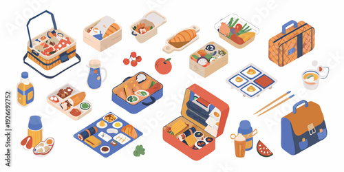 Isometric picnic baskets and food arrangements in colorful flat design