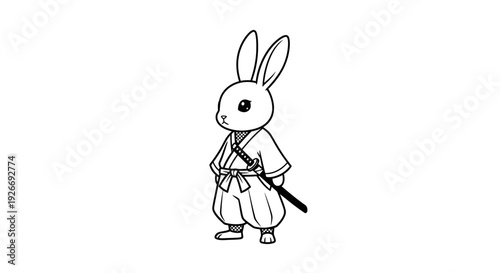 Cartoon samurai rabbit illustration in black and white isolated on white