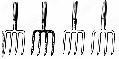 Four antique garden forks displayed in a simple illustrative style