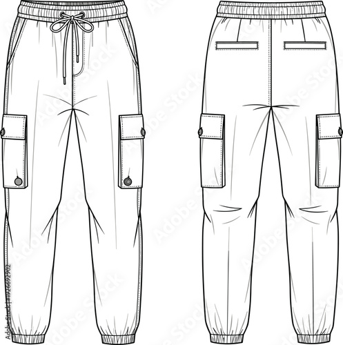 Cargo jogger pants fashion illustration, elastic waistband design, drawstring closure, side cargo pockets, welt back pockets, technical garment sketch