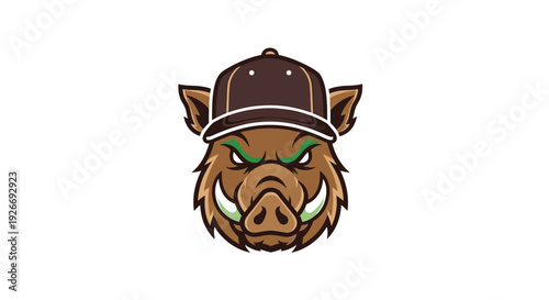 Stylized boar head wearing cap on white background illustration