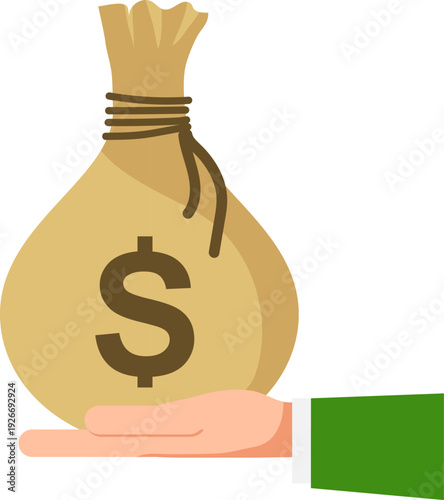 A hand holding a bag of money. Bag of money in hand. Vector, designer illustration, web banner, vector.