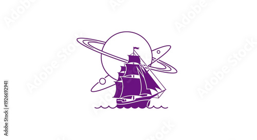 Purple sailing ship with planetary rings on white background